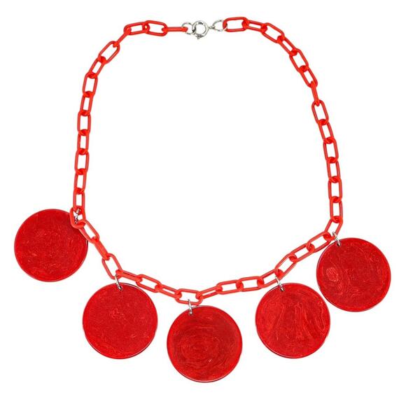 Bold Vintage Large Marbled Red Disk Bakelite Necklace Plastic Chain Geo Mod Read - Picture 3 of 13